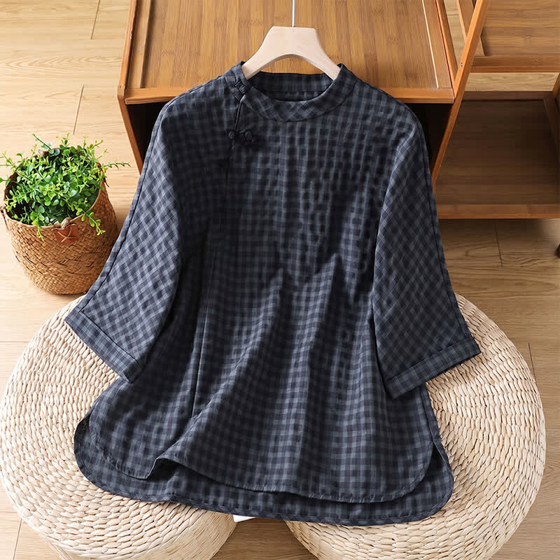 Buddha Stones Spring Summer Casual Tang Style Mandarin Collar Black Plaid Women's Elbow-Length Shirts - DarkSlateGray - US8-10, UK/AU12-14, EU40-42 (2XL) - image 0