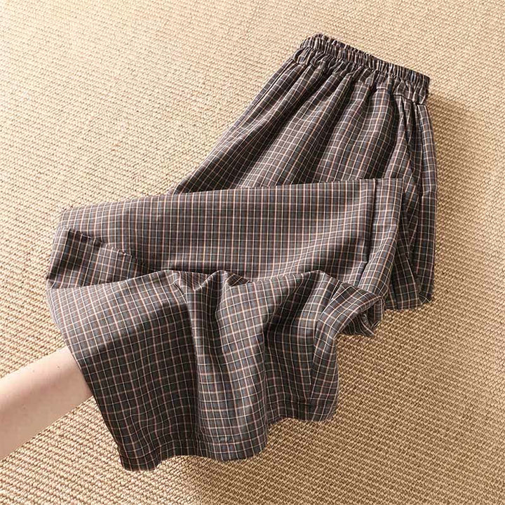 Buddha Stones Spring Summer Casual Brown Plaid Cropped Pants Women's Wide Leg Pants With Pockets - image 2