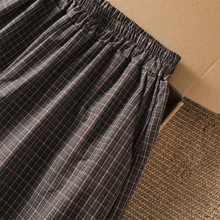 Buddha Stones Spring Summer Casual Brown Plaid Cropped Pants Women's Wide Leg Pants With Pockets - image 6