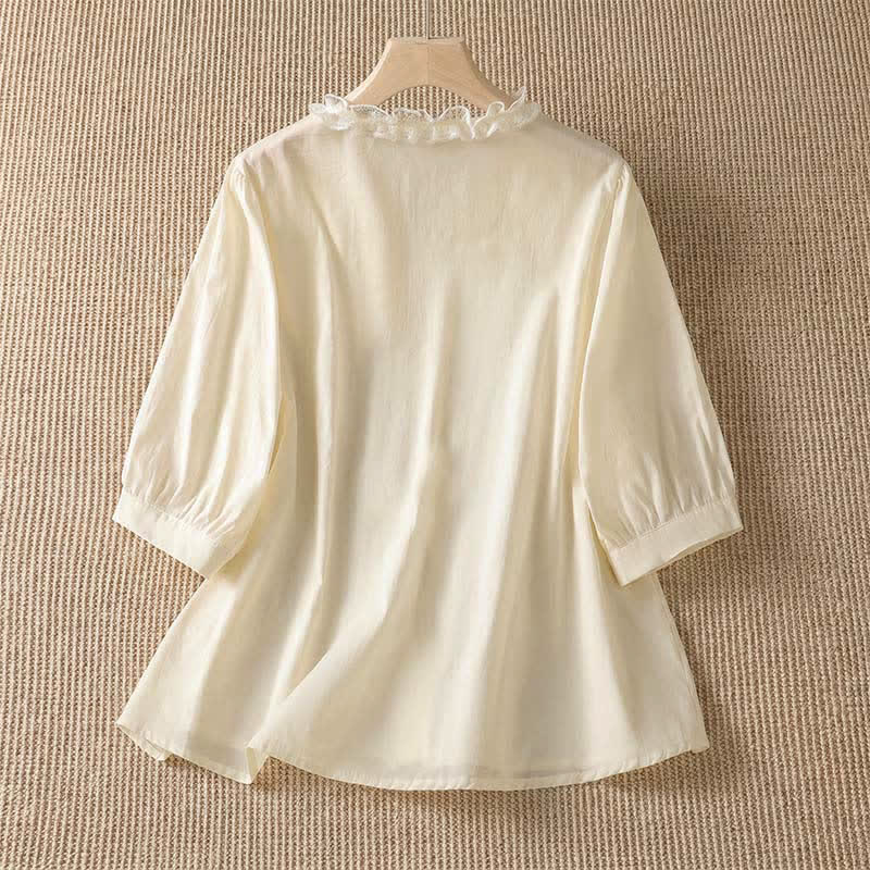 Buddha Stones Summer Casual Elegant Solid V-Neck Layered Ruffle Women's Three-Quarter Sleeve Shirts - image 16