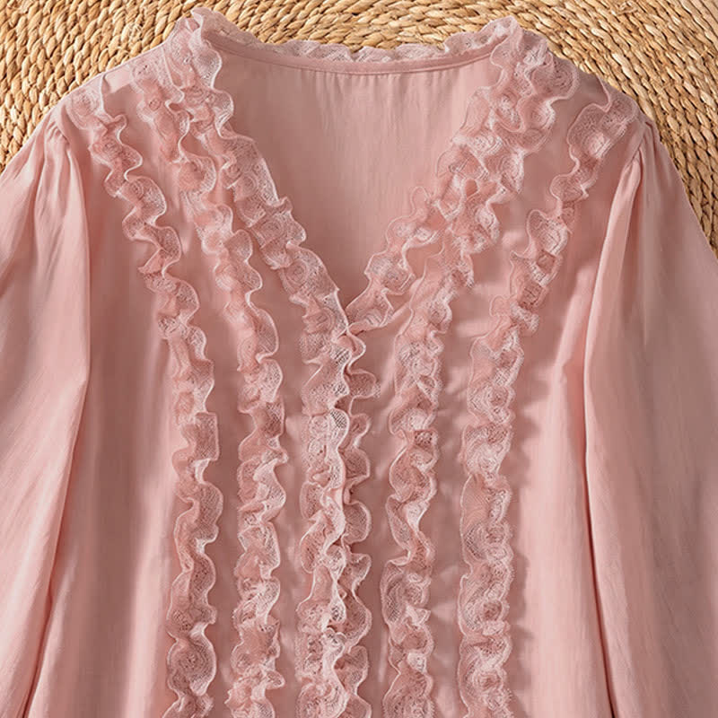 Buddha Stones Summer Casual Elegant Solid V-Neck Layered Ruffle Women's Three-Quarter Sleeve Shirts - image 5