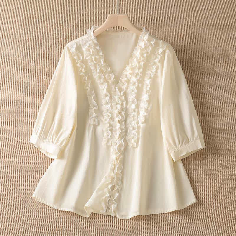 Buddha Stones Summer Casual Elegant Solid V-Neck Layered Ruffle Women's Three-Quarter Sleeve Shirts - Beige - US8-10, UK/AU12-14, EU40-42 (XL) - image 15