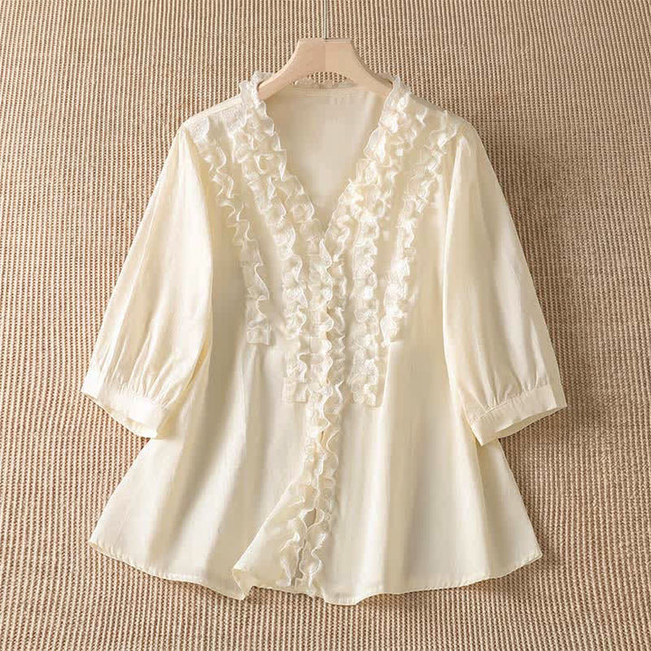 Buddha Stones Summer Casual Elegant Solid V-Neck Layered Ruffle Women's Three-Quarter Sleeve Shirts - Beige - US8-10, UK/AU12-14, EU40-42 (XL) - image 15