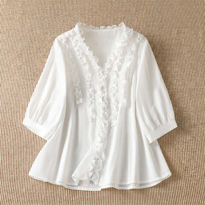 Buddha Stones Summer Casual Elegant Solid V-Neck Layered Ruffle Women's Three-Quarter Sleeve Shirts - White - US8-10, UK/AU12-14, EU40-42 (XL) - image 24