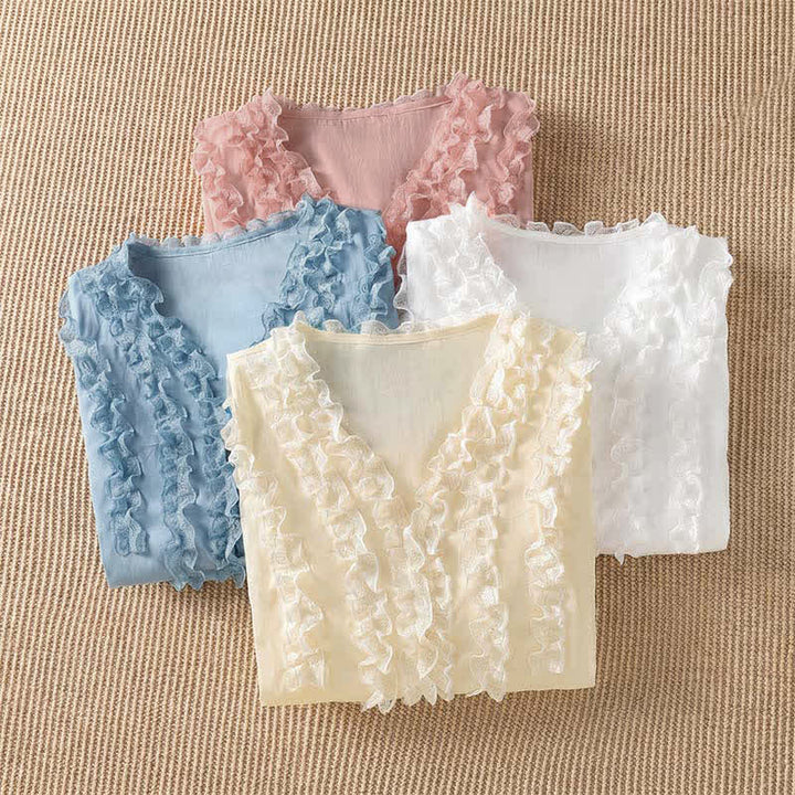 Buddha Stones Summer Casual Elegant Solid V-Neck Layered Ruffle Women's Three-Quarter Sleeve Shirts - image 32