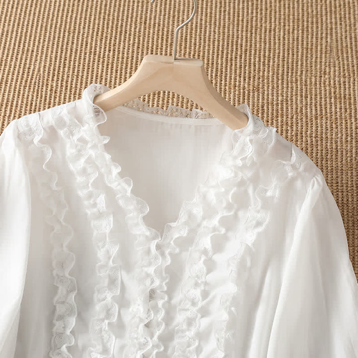 Buddha Stones Summer Casual Elegant Solid V-Neck Layered Ruffle Women's Three-Quarter Sleeve Shirts - image 28