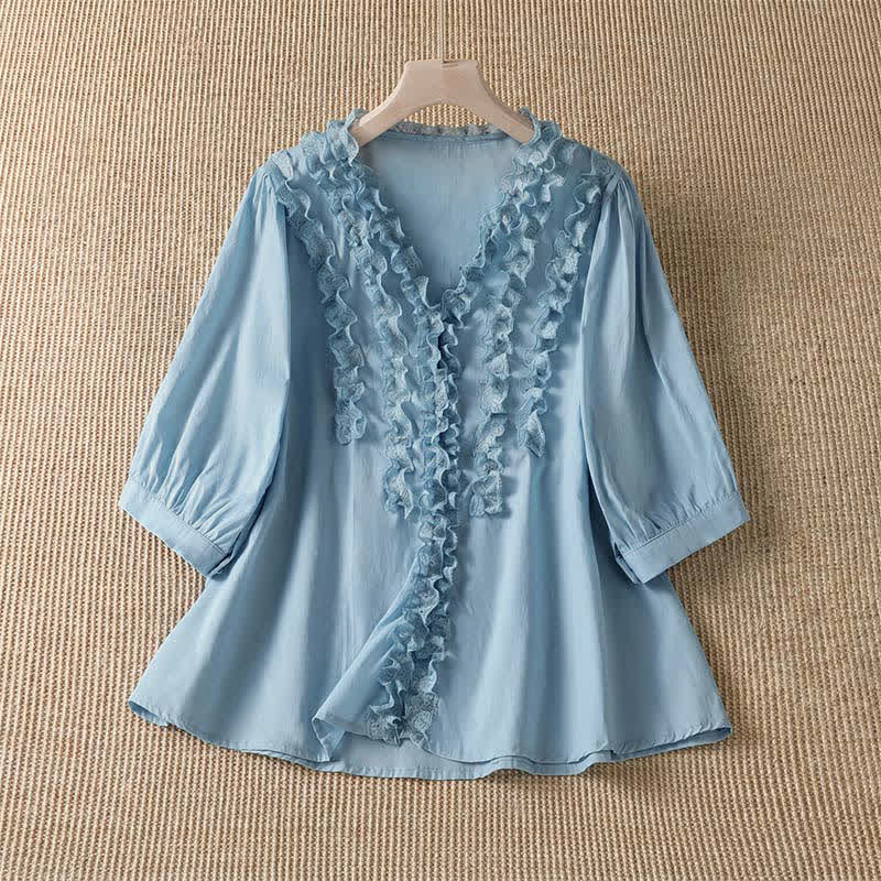 Buddha Stones Summer Casual Elegant Solid V-Neck Layered Ruffle Women's Three-Quarter Sleeve Shirts - LightSkyBlue - US8-10, UK/AU12-14, EU40-42 (XL) - image 8
