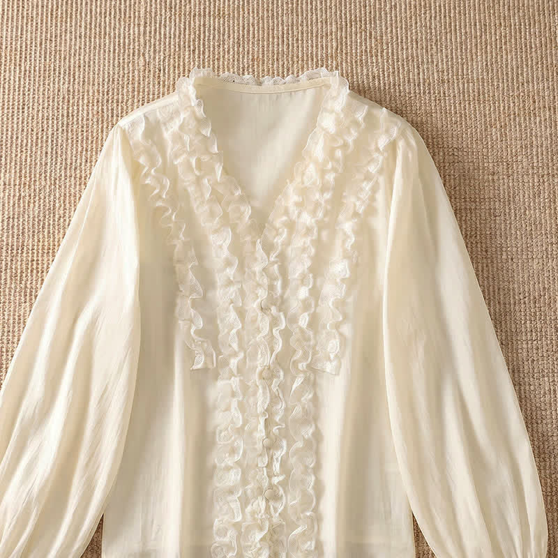 Buddha Stones Summer Casual Elegant Solid V-Neck Layered Ruffle Women's Three-Quarter Sleeve Shirts - image 19