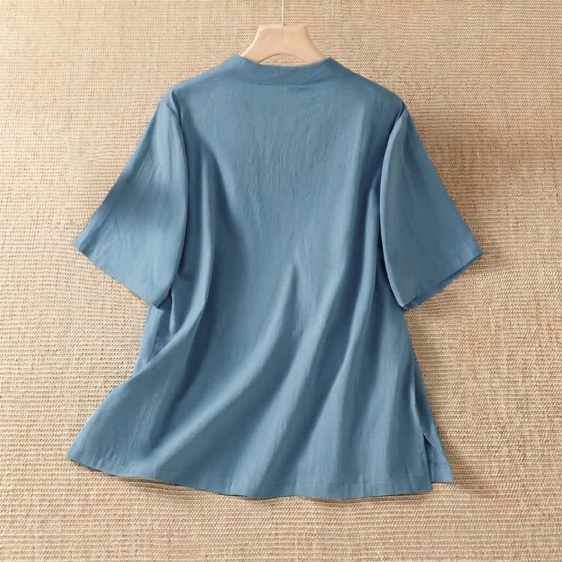 Buddha Stones Summer Casual Tang Style Frog Button Crew Neck Solid Women's Short Sleeve Shirts - image 1