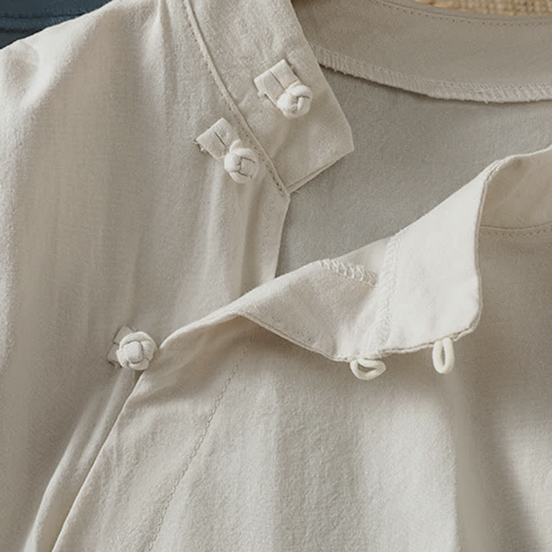 Buddha Stones Summer Casual Tang Style Frog Button Crew Neck Solid Women's Short Sleeve Shirts - image 9