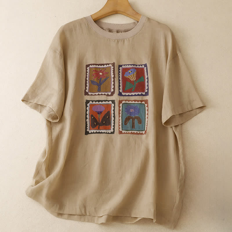 Buddha Stones Summer Casual Vintage Floral Square Patchwork Women's Short Sleeve T-Shirts - PaleGoldenrod - US12, UK/AU16, EU44 (2XL) - image 0