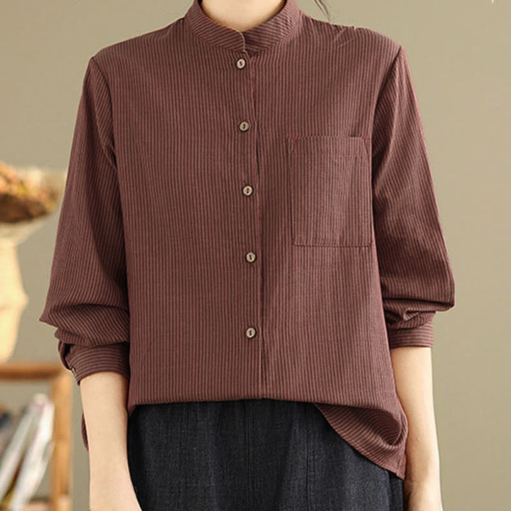 Buddha Stones Summer Casual Tang Style Mandarin Collar Striped Women's Long Sleeve Shirts With Patch Pocket - image 13