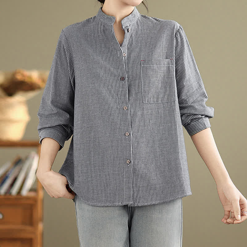 Buddha Stones Summer Casual Tang Style Mandarin Collar Striped Women's Long Sleeve Shirts With Patch Pocket - image 5