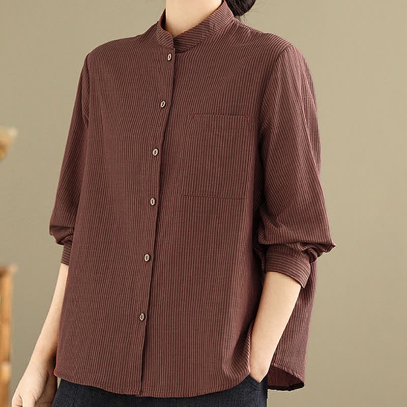Buddha Stones Summer Casual Tang Style Mandarin Collar Striped Women's Long Sleeve Shirts With Patch Pocket - image 12