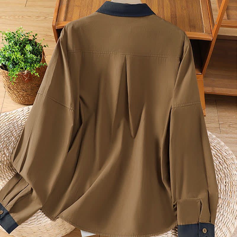 Buddha Stones Summer Casual Minimalist Solid Contrast Trim Women's Long Sleeve Shirts With Patch Pocket - image 10