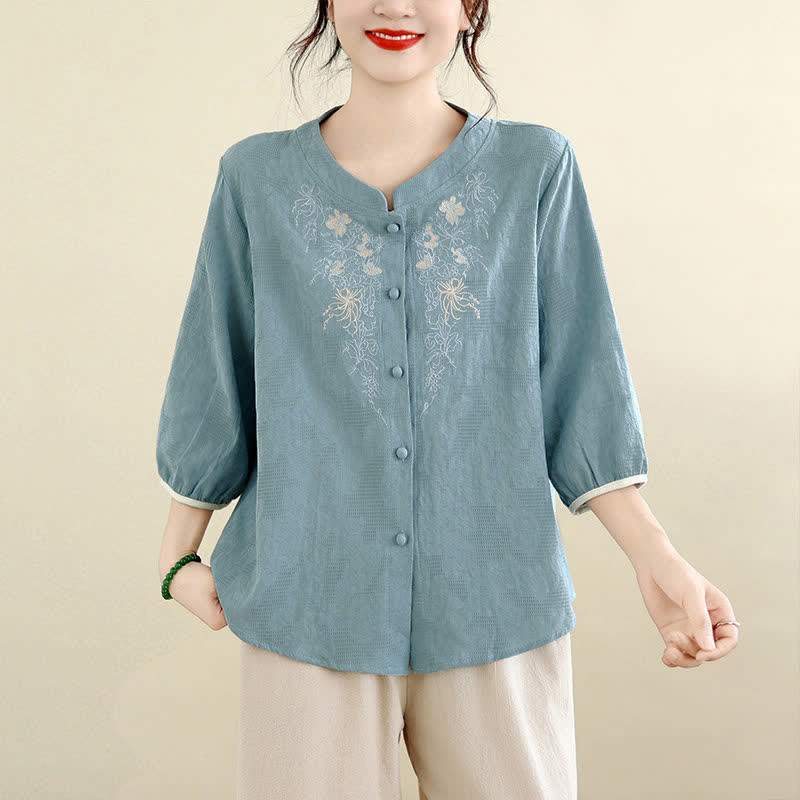 Buddha Stones Summer Vintage Tang Style Embroidery Floral Women's Three-Quarter Sleeve Shirts - PowderBlue - US12, UK/AU16, EU44 (3XL) - image 18