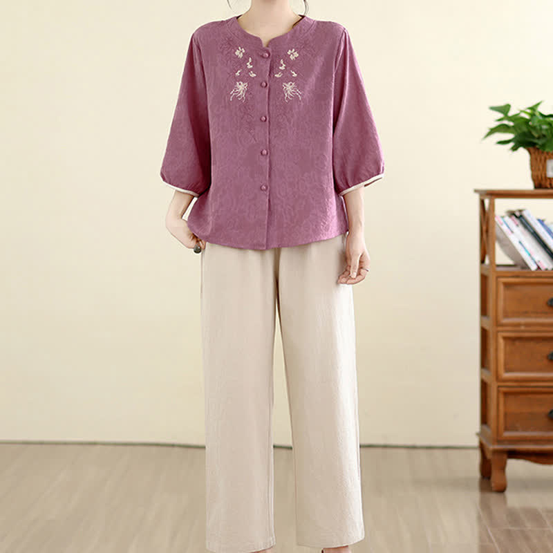 Buddha Stones Summer Vintage Tang Style Embroidery Floral Women's Three-Quarter Sleeve Shirts - image 1