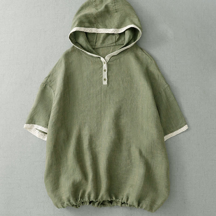 Buddha Stones Summer Casual Boho Button-Up Solid Green Hooded Lace Trim Women's Short Sleeve Shirts - DarkSeaGreen - US8-10, UK/AU12-14, EU40-42 (2XL) - image 0