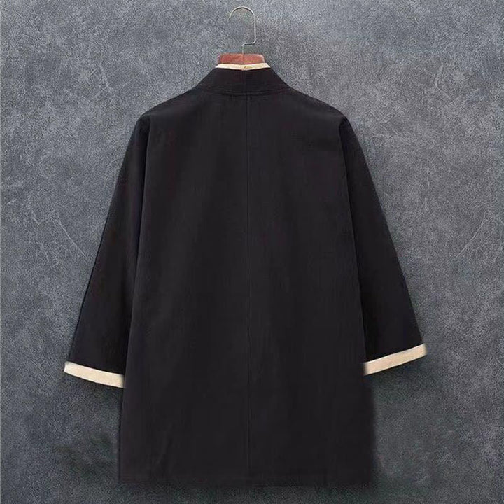 Buddha Stones Spring Summer Minimalist Casual Knot Button Solid Cotton Three-Quarter Sleeve Men's Kimono - image 3