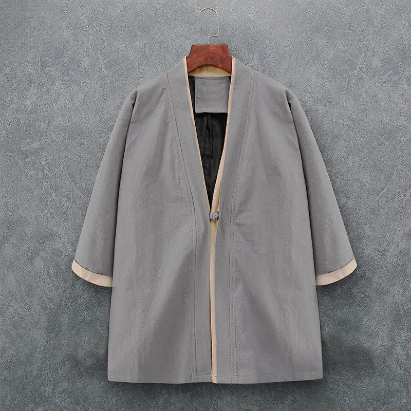 Buddha Stones Spring Summer Minimalist Casual Knot Button Solid Cotton Three-Quarter Sleeve Men's Kimono - LightGray - US/UK/AU46, EU56 (5XL) - image 8