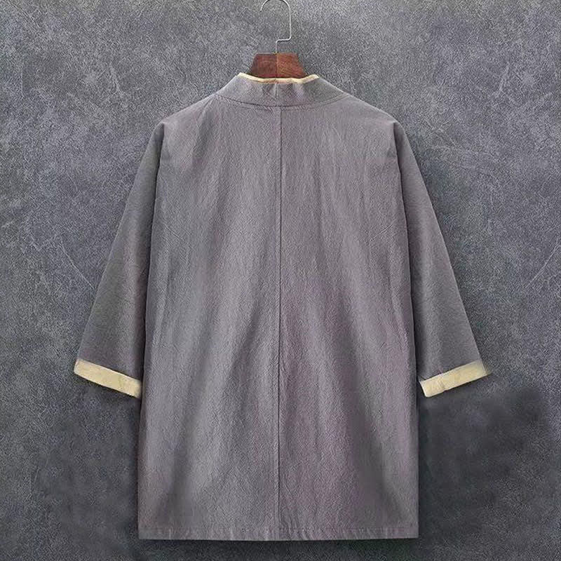 Buddha Stones Spring Summer Minimalist Casual Knot Button Solid Cotton Three-Quarter Sleeve Men's Kimono - image 9