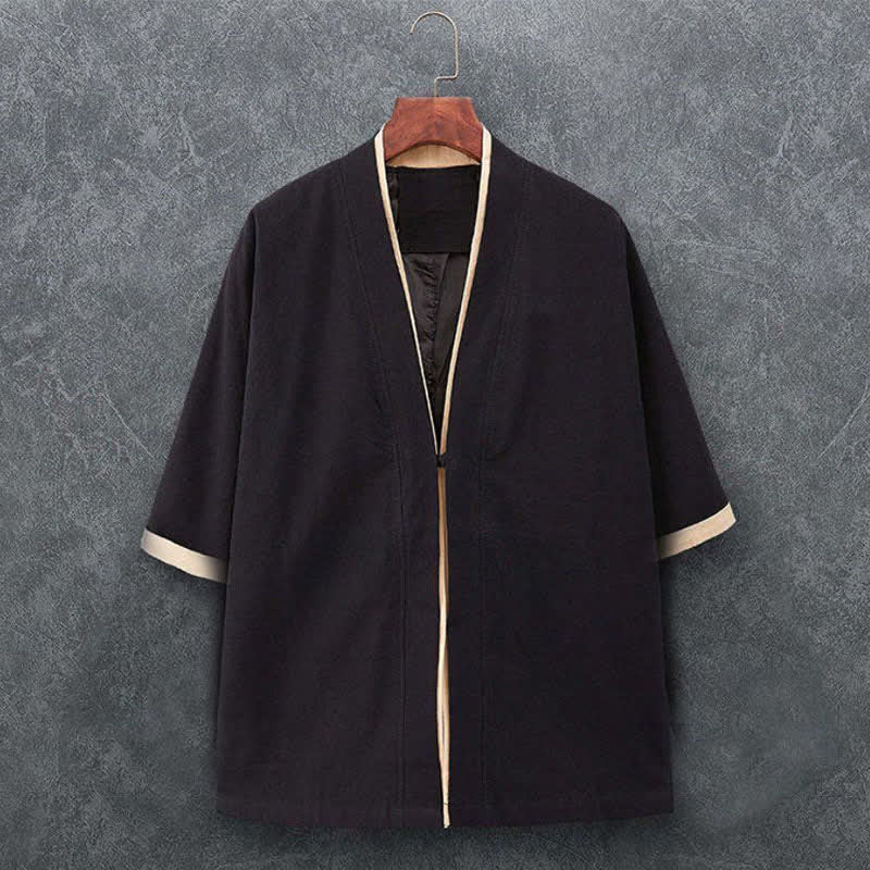 Buddha Stones Spring Summer Minimalist Casual Knot Button Solid Cotton Three-Quarter Sleeve Men's Kimono - Black - US/UK/AU46, EU56 (5XL) - image 2