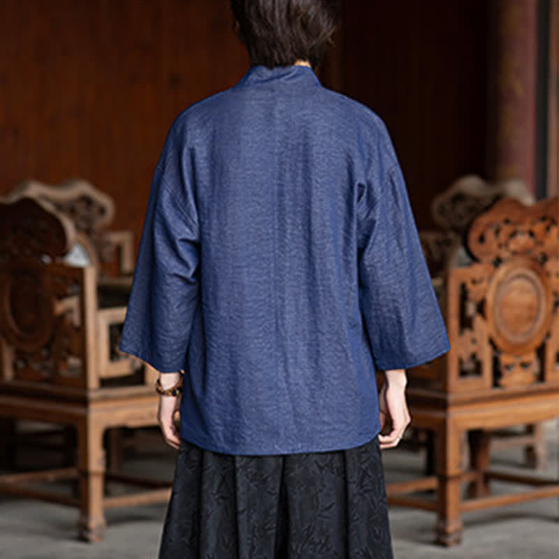 Buddha Stones Spring Summer Casual Minimalist Drawstring Solid Three-Quarter Sleeve Men's Kimono With Pocket - image 3
