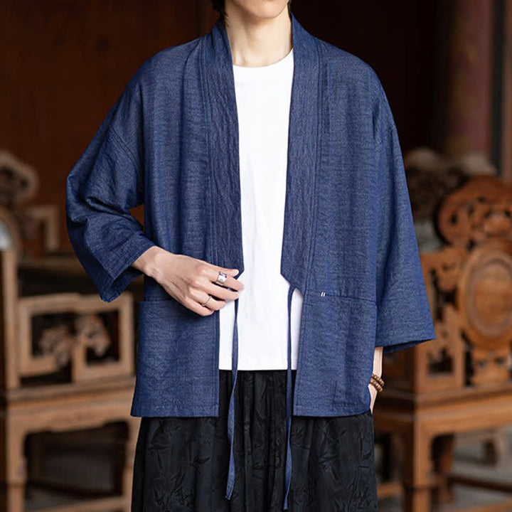 Buddha Stones Spring Summer Casual Minimalist Drawstring Solid Three-Quarter Sleeve Men's Kimono With Pocket - image 2