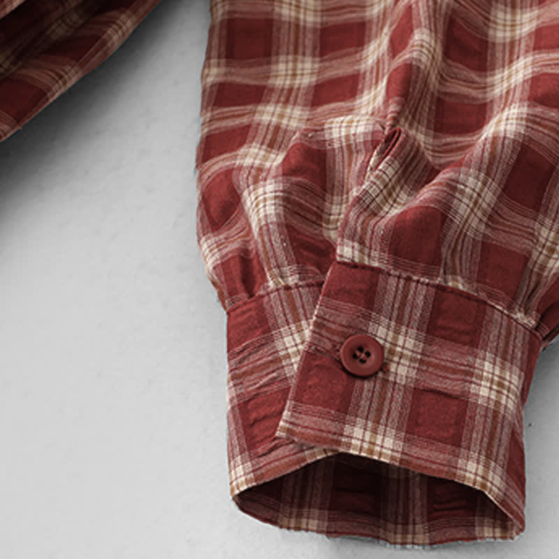 Buddha Stones Fall Casual Vintage Button-Up Red Plaid Tiered Women's Long Sleeve Dress With Pocket - image 9