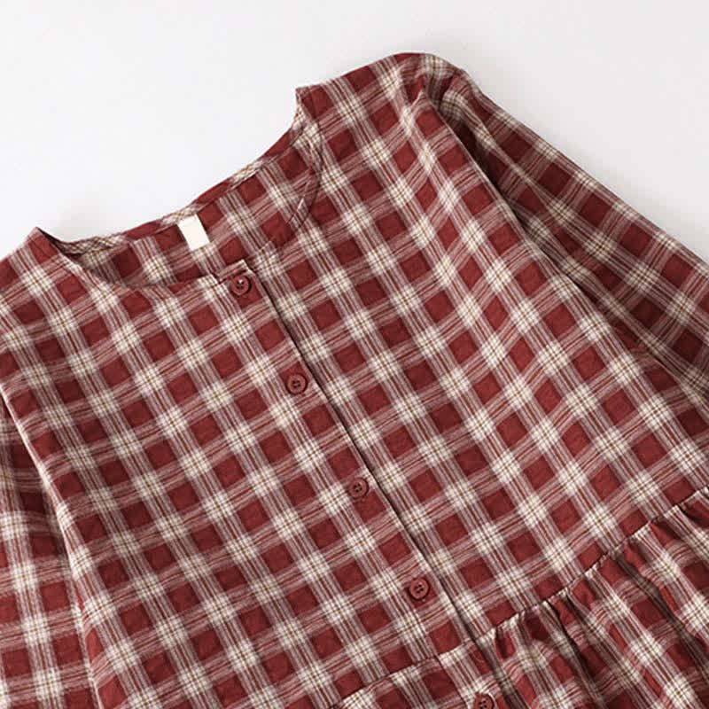 Buddha Stones Fall Casual Vintage Button-Up Red Plaid Tiered Women's Long Sleeve Dress With Pocket - image 3