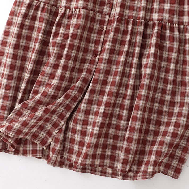 Buddha Stones Fall Casual Vintage Button-Up Red Plaid Tiered Women's Long Sleeve Dress With Pocket - image 7