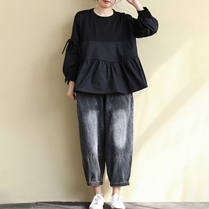 Buddha Stones Spring Fall Casual Vintage Crew Neck Peplum Hem Drawstring Solid Women's Long Sleeve T-Shirt - image 22