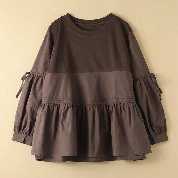Buddha Stones Spring Fall Casual Vintage Crew Neck Peplum Hem Drawstring Solid Women's Long Sleeve T-Shirt - image 6