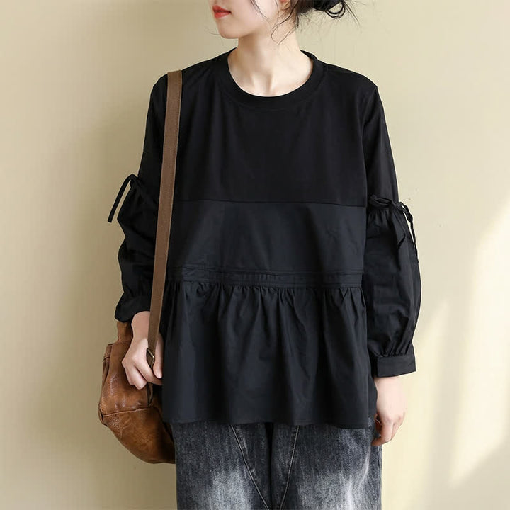 Buddha Stones Spring Fall Casual Vintage Crew Neck Peplum Hem Drawstring Solid Women's Long Sleeve T-Shirt - image 17