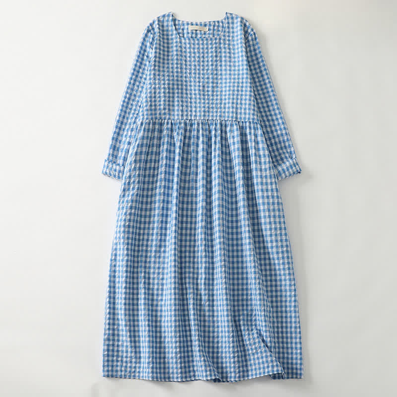 Buddha Stones Spring Casual Vintage Light Blue Plaid Crew Neck Women's Long Sleeve Dress With Pocket - LightSkyBlue - US12, UK/AU16, EU44 (2XL) - image 0