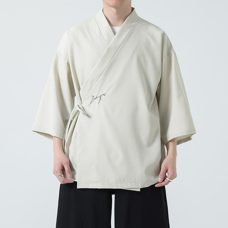 Buddha Stones Summer Tang Style Minimalist Drawstring Bamboo Solid Three-Quarter Sleeve Men's Kimono - image 6
