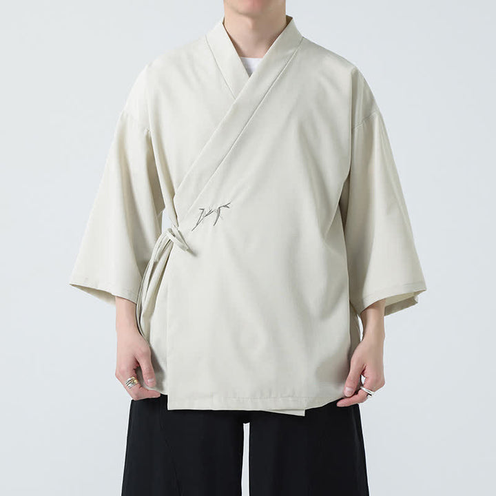 Buddha Stones Summer Tang Style Minimalist Drawstring Bamboo Solid Three-Quarter Sleeve Men's Kimono - image 6