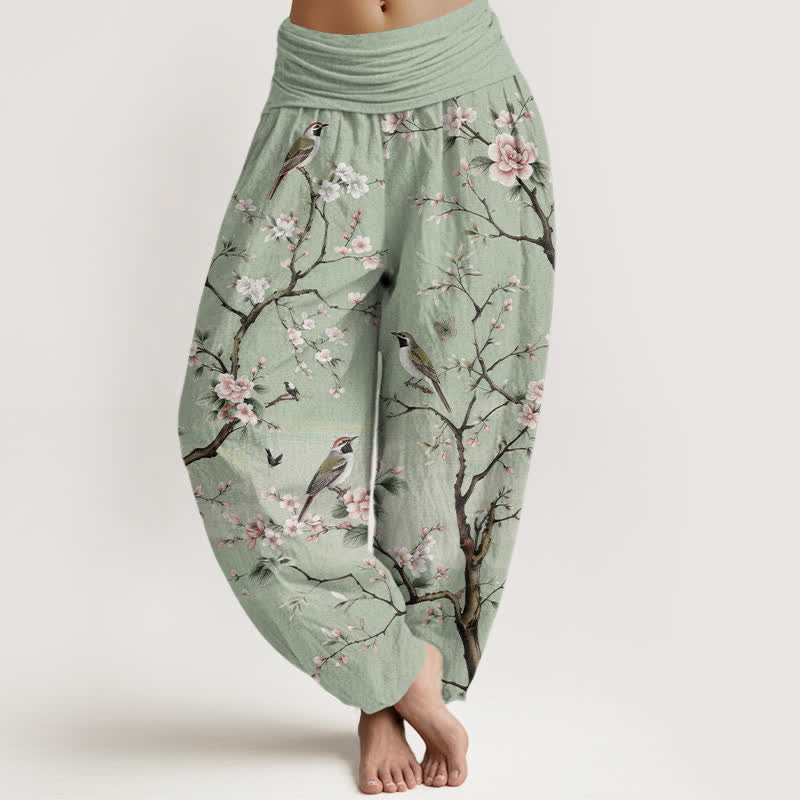 Buddha Stones Cotton Cherry Blossoms Bird Pattern Women's Elastic Waist Harem Pants - LightGreen - US16，UK/AU20，EU48 (3XL) - image 0