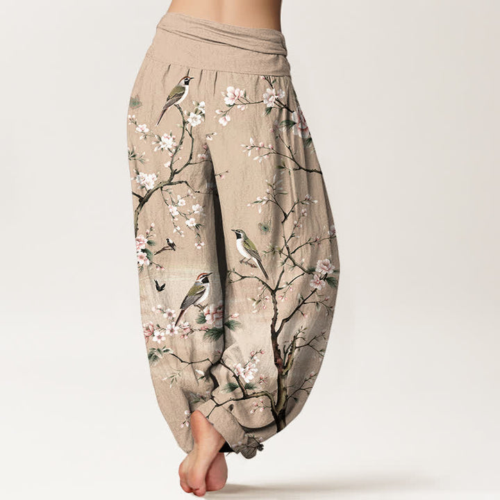 Buddha Stones Cotton Cherry Blossoms Bird Pattern Women's Elastic Waist Harem Pants - image 10