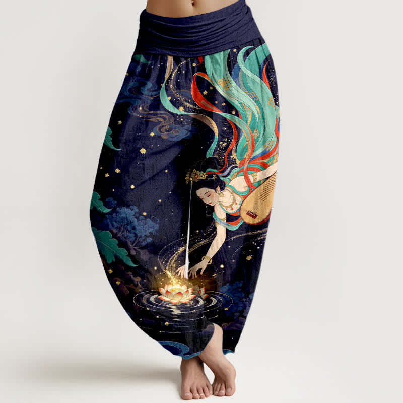 Buddha Stones Cotton Celestial Musician Lotus Pattern Women's Elastic Waist Harem Pants - Navy - US16，UK/AU20，EU48 (3XL) - image 5
