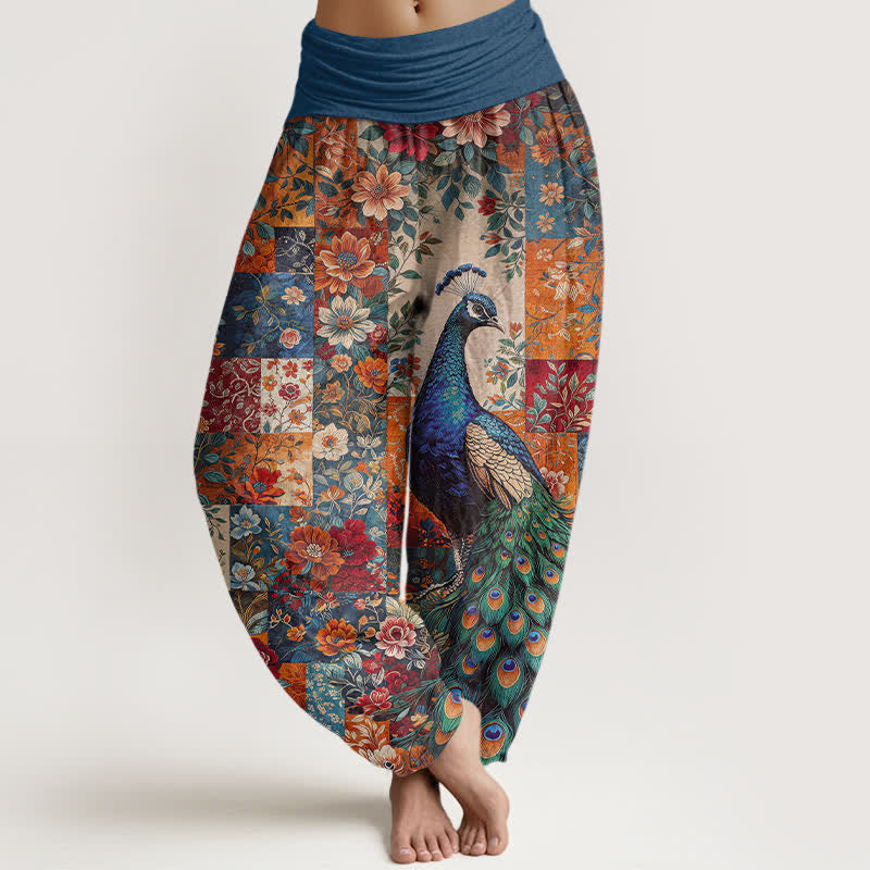 Buddha Stones Cotton Peacock Floral Patchwork Pattern Women's Elastic Waist Harem Pants - Teal - US16，UK/AU20，EU48 (3XL) - image 0