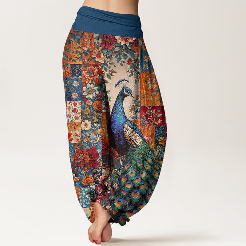 Buddha Stones Cotton Peacock Floral Patchwork Pattern Women's Elastic Waist Harem Pants - image 2