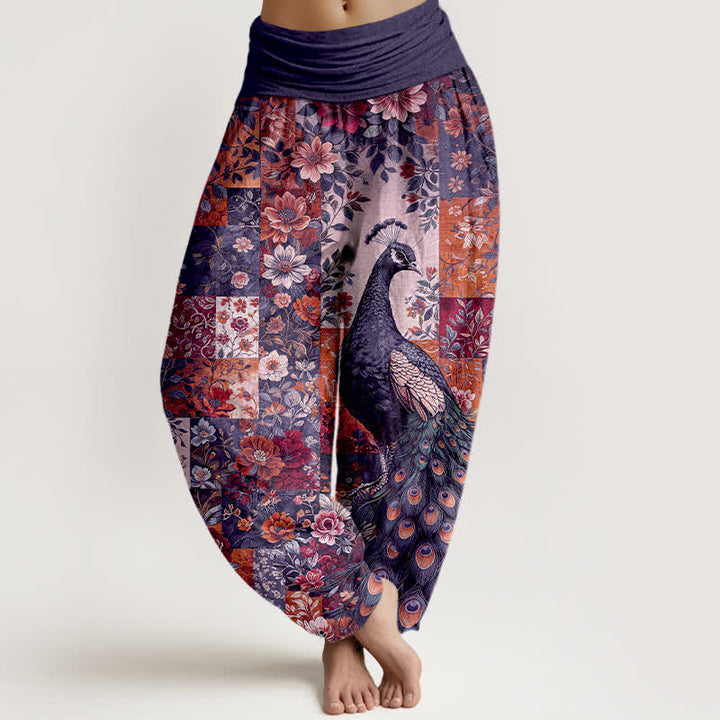 Buddha Stones Cotton Peacock Floral Patchwork Pattern Women's Elastic Waist Harem Pants - Indigo - US16，UK/AU20，EU48 (3XL) - image 5