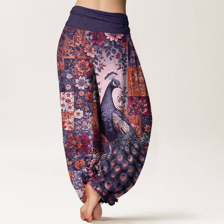 Buddha Stones Cotton Peacock Floral Patchwork Pattern Women's Elastic Waist Harem Pants - image 7