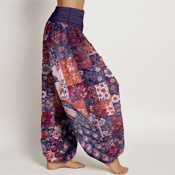 Buddha Stones Cotton Peacock Floral Patchwork Pattern Women's Elastic Waist Harem Pants - image 6