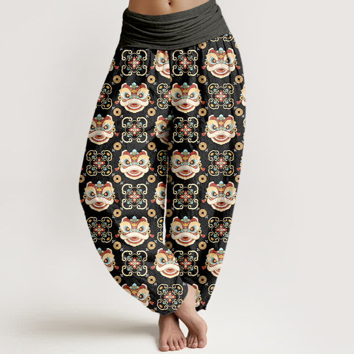 Buddha Stones Cotton Tribal Lion Mask Pattern Women's Elastic Waist Harem Pants - DimGray - US16，UK/AU20，EU48 (3XL) - image 0