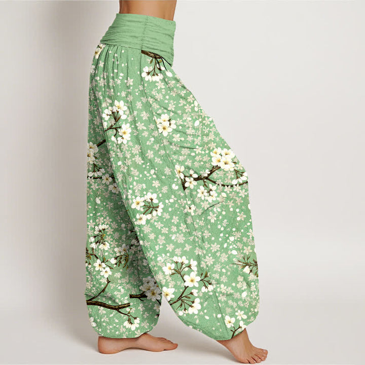 Buddha Stones Cotton White Blossom Branch Pattern Women's Elastic Waist Harem Pants - image 1