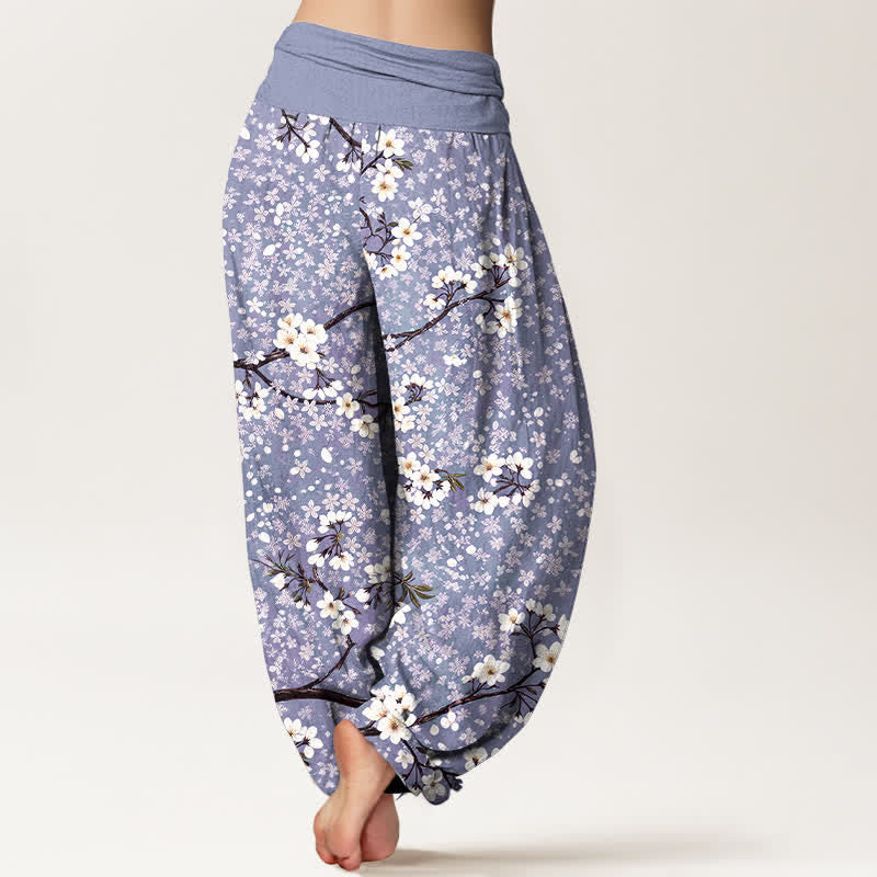 Buddha Stones Cotton White Blossom Branch Pattern Women's Elastic Waist Harem Pants - image 7
