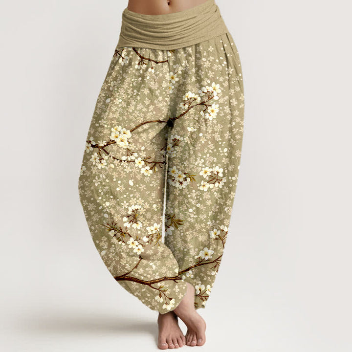 Buddha Stones Cotton White Blossom Branch Pattern Women's Elastic Waist Harem Pants - DarkKhaki - US16，UK/AU20，EU48 (3XL) - image 8