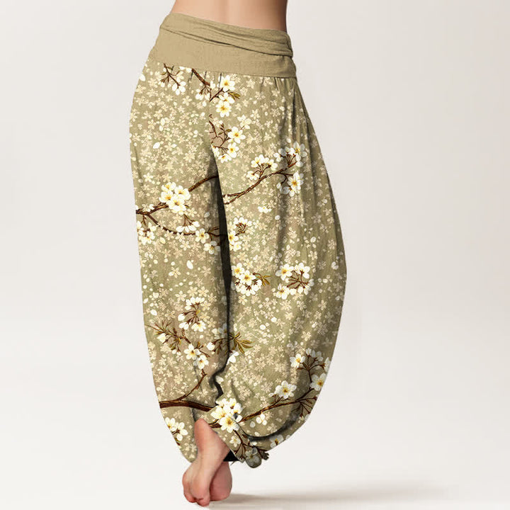 Buddha Stones Cotton White Blossom Branch Pattern Women's Elastic Waist Harem Pants - image 10
